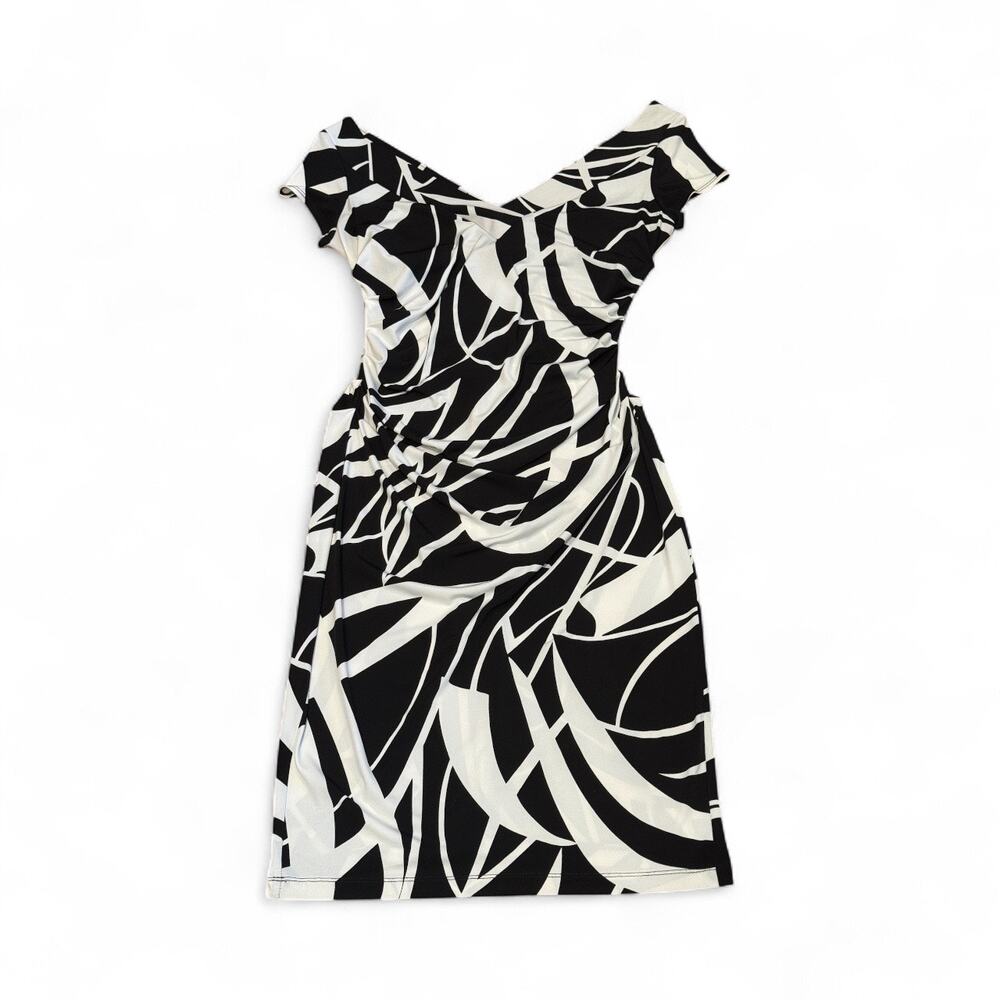 Maggy London Sheath midi Dress V-Neck 10 Cap Sleeve White Black Pattern stretch